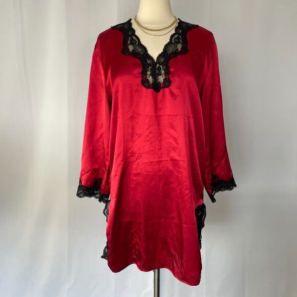 Lingerie Nightgown Size Small Red Satin Black Lace Long Sleeve Sleep Silky Sexy - Picture 2 of 15